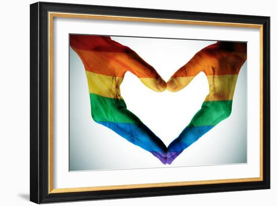 Man Hands Painted As The Rainbow Flag Forming A Heart, Symbolizing Gay Love-nito-Framed Art Print