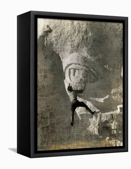 Man Hangs Onto Eye at Mount Rushmore-null-Framed Premier Image Canvas