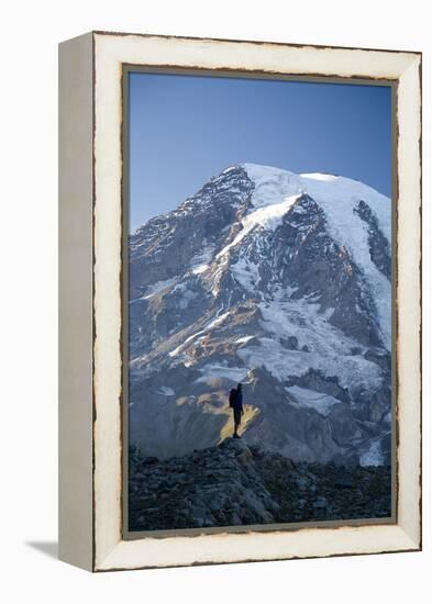 Man Hiking in Mt. Rainier National Park, Washington-Justin Bailie-Framed Premier Image Canvas