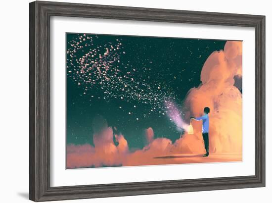 Man Holding a Cage with Floating Shining Stardust,Illustration Painting-Tithi Luadthong-Framed Art Print