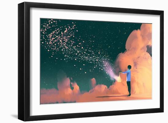 Man Holding a Cage with Floating Shining Stardust,Illustration Painting-Tithi Luadthong-Framed Art Print