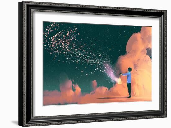 Man Holding a Cage with Floating Shining Stardust,Illustration Painting-Tithi Luadthong-Framed Art Print