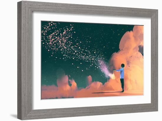 man holding a cage with floating star dust-Tithi Luadthong-Framed Premium Giclee Print