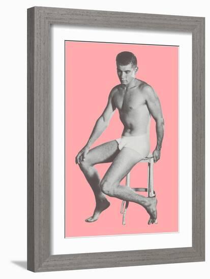 Man in Jockey Shorts on Stool with Pink Background-null-Framed Art Print