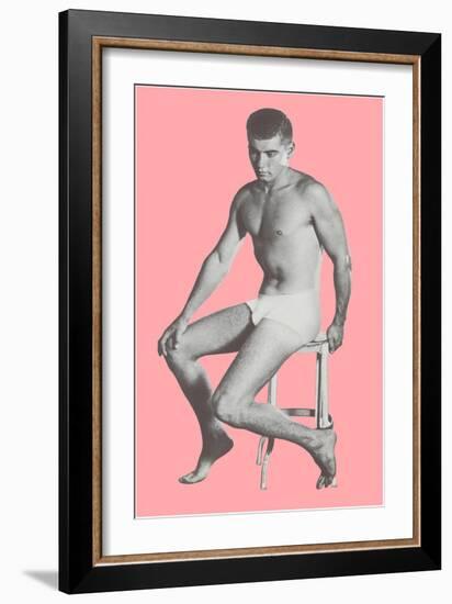 Man in Jockey Shorts on Stool with Pink Background-null-Framed Art Print