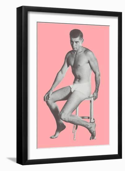 Man in Jockey Shorts on Stool with Pink Background-null-Framed Art Print