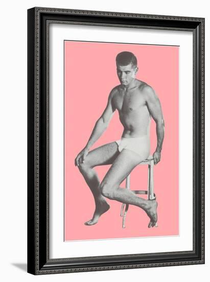 Man in Jockey Shorts on Stool with Pink Background-null-Framed Art Print