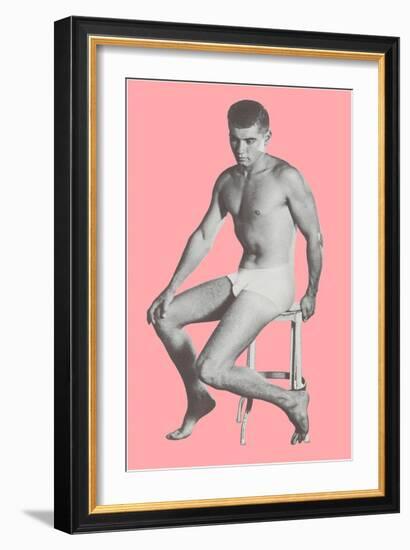 Man in Jockey Shorts on Stool with Pink Background-null-Framed Art Print