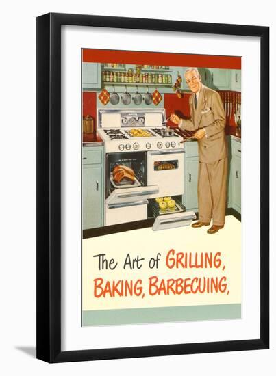 Man in Kitchen, The Art of Grilling-null-Framed Art Print