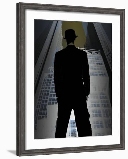 Man in Suit and Bowler Hat Standing in Front of Skyscraper-null-Framed Photographic Print