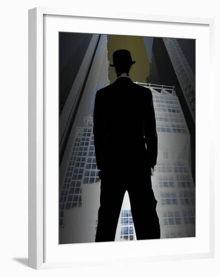 Man in Suit and Bowler Hat Standing in Front of Skyscraper-null-Framed Photographic Print