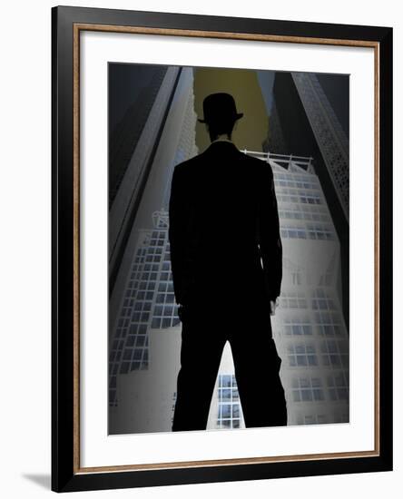 Man in Suit and Bowler Hat Standing in Front of Skyscraper-null-Framed Photographic Print