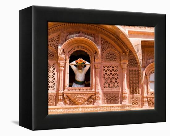 Man in Window of Fort Palace, Jodhpur at Fort Mehrangarh, Rajasthan, India-Bill Bachmann-Framed Premier Image Canvas