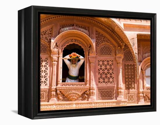 Man in Window of Fort Palace, Jodhpur at Fort Mehrangarh, Rajasthan, India-Bill Bachmann-Framed Premier Image Canvas
