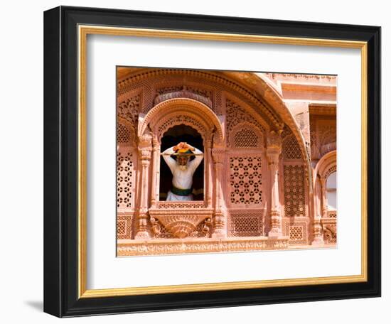 Man in Window of Fort Palace, Jodhpur at Fort Mehrangarh, Rajasthan, India-Bill Bachmann-Framed Photographic Print