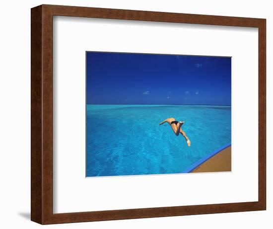 Man Jumping into Tropical Sea from Deck, Maldives, Indian Ocean-Papadopoulos Sakis-Framed Photographic Print