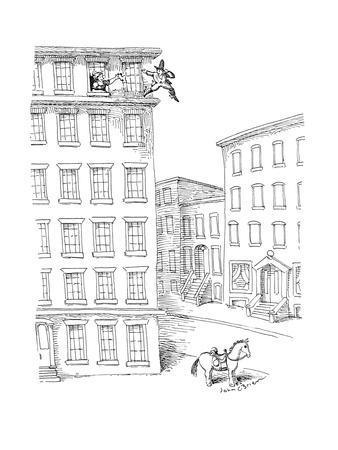 Man jumping off high-rise building to horse underneith. - New Yorker Cartoon' Premium Giclee Print - John O'brien | Art.com