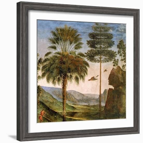 Man Leaning on a Staff, Birds Flying, Trees, Rocks, a Lake and a Distant City with Spires-Pietro Perugino-Framed Giclee Print