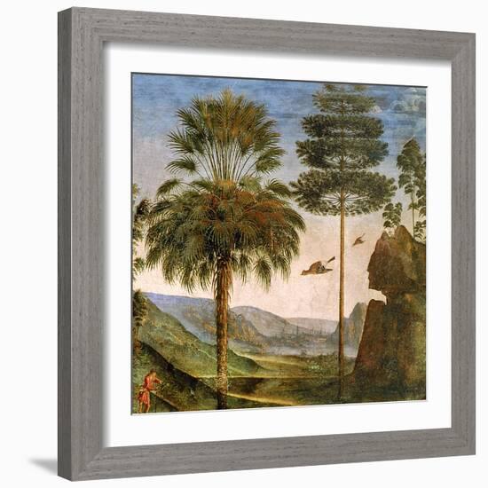 Man Leaning on a Staff, Birds Flying, Trees, Rocks, a Lake and a Distant City with Spires-Pietro Perugino-Framed Giclee Print