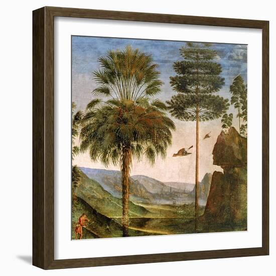 Man Leaning on a Staff, Birds Flying, Trees, Rocks, a Lake and a Distant City with Spires-Pietro Perugino-Framed Giclee Print