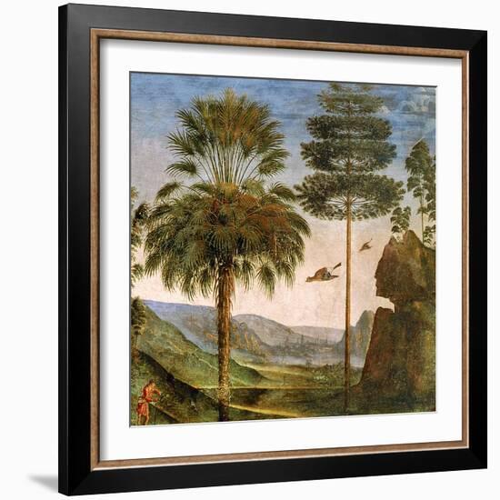 Man Leaning on a Staff, Birds Flying, Trees, Rocks, a Lake and a Distant City with Spires-Pietro Perugino-Framed Giclee Print