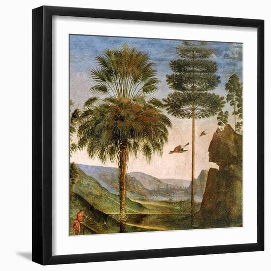 Man Leaning on a Staff, Birds Flying, Trees, Rocks, a Lake and a Distant City with Spires-Pietro Perugino-Framed Giclee Print