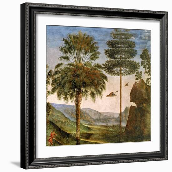 Man Leaning on a Staff, Birds Flying, Trees, Rocks, a Lake and a Distant City with Spires-Pietro Perugino-Framed Giclee Print