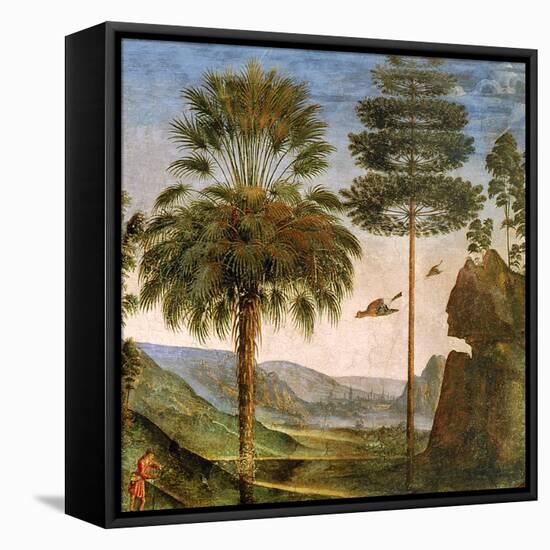 Man Leaning on a Staff, Birds Flying, Trees, Rocks, a Lake and a Distant City with Spires-Pietro Perugino-Framed Premier Image Canvas