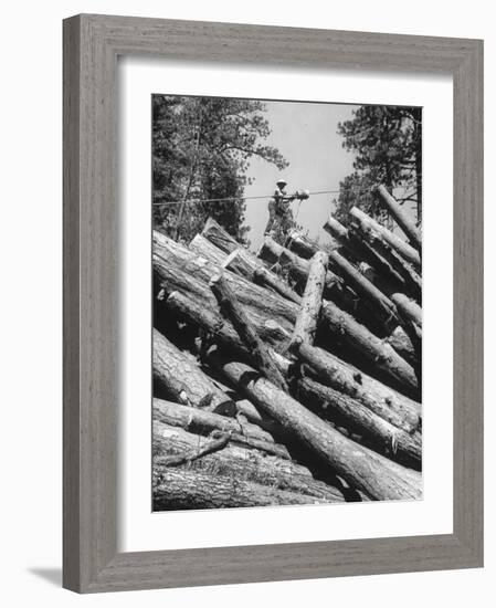 Man Lifting Logs Out of a Lumber Pile-J^ R^ Eyerman-Framed Photographic Print