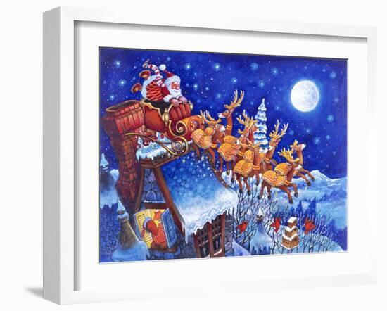 Man Looking Out Window at Santa Driving Off His Roof in Sleigh Pulled by Reindeer at Night in Snow-Bill Bell-Framed Giclee Print