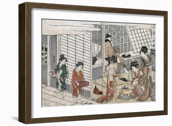 Man Looking Outside while Courtesans Work, Japanese Wood-Cut Print-Lantern Press-Framed Art Print