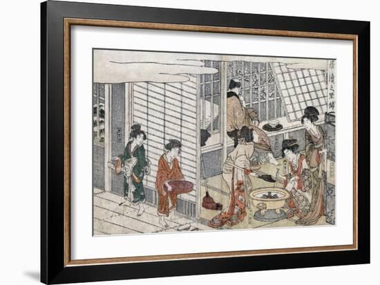 Man Looking Outside while Courtesans Work, Japanese Wood-Cut Print-Lantern Press-Framed Art Print