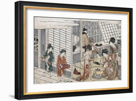 Man Looking Outside while Courtesans Work, Japanese Wood-Cut Print-Lantern Press-Framed Art Print