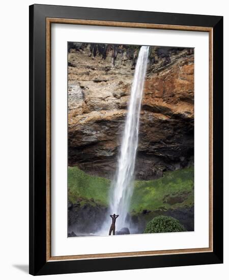 Man Looks Up at Sipi Falls, Uganda, East Africa, Africa-Andrew Mcconnell-Framed Photographic Print