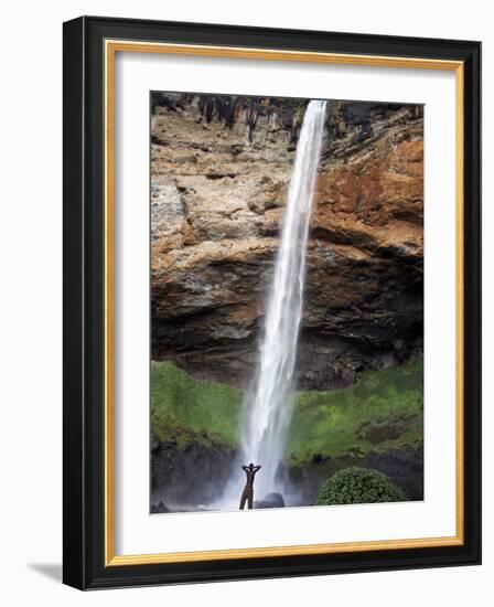 Man Looks Up at Sipi Falls, Uganda, East Africa, Africa-Andrew Mcconnell-Framed Photographic Print