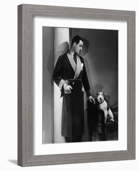 Man Models a Wool Jersey Dressing Gown and His Wire- Haired Fox Terrier Poses for the Camera-null-Framed Photographic Print