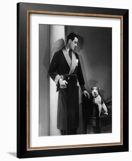 Man Models a Wool Jersey Dressing Gown and His Wire- Haired Fox Terrier Poses for the Camera-null-Framed Photographic Print