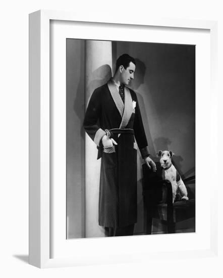 Man Models a Wool Jersey Dressing Gown and His Wire- Haired Fox Terrier Poses for the Camera-null-Framed Photographic Print