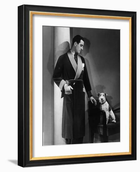 Man Models a Wool Jersey Dressing Gown and His Wire- Haired Fox Terrier Poses for the Camera-null-Framed Photographic Print