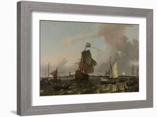 Man-Of-War Brielle on the River Maas Off Rotterdam-Ludolf Bakhuysen-Framed Art Print