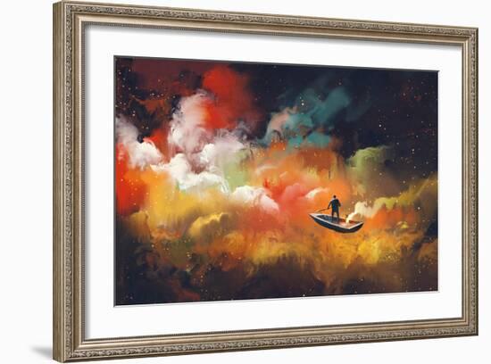 Man on a Boat in the Outer Space with Colorful Cloud,Illustration-Tithi Luadthong-Framed Art Print