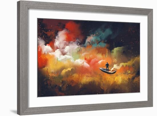 Man on a Boat in the Outer Space with Colorful Cloud,Illustration-Tithi Luadthong-Framed Art Print