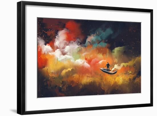 Man on a Boat in the Outer Space with Colorful Cloud,Illustration-Tithi Luadthong-Framed Art Print