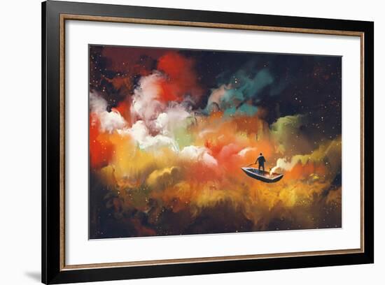 Man on a Boat in the Outer Space with Colorful Cloud,Illustration-Tithi Luadthong-Framed Art Print