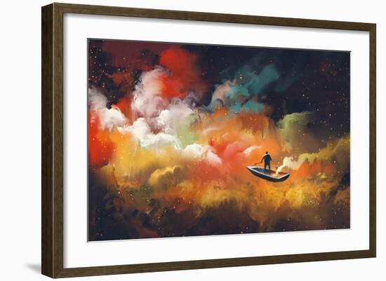 Man on a Boat in the Outer Space with Colorful Cloud,Illustration-Tithi Luadthong-Framed Art Print