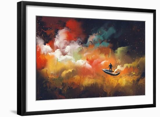 Man on a Boat in the Outer Space with Colorful Cloud,Illustration-Tithi Luadthong-Framed Art Print