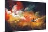 Man on a Boat in the Outer Space with Colorful Cloud,Illustration-Tithi Luadthong-Mounted Art Print