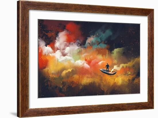 Man on a Boat in the Outer Space with Colorful Cloud,Illustration-Tithi Luadthong-Framed Art Print