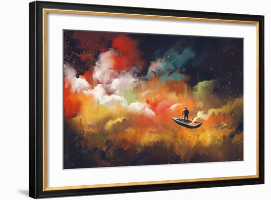 Man on a Boat in the Outer Space with Colorful Cloud,Illustration-Tithi Luadthong-Framed Art Print