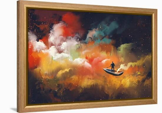 Man on a Boat in the Outer Space with Colorful Cloud,Illustration-Tithi Luadthong-Framed Stretched Canvas